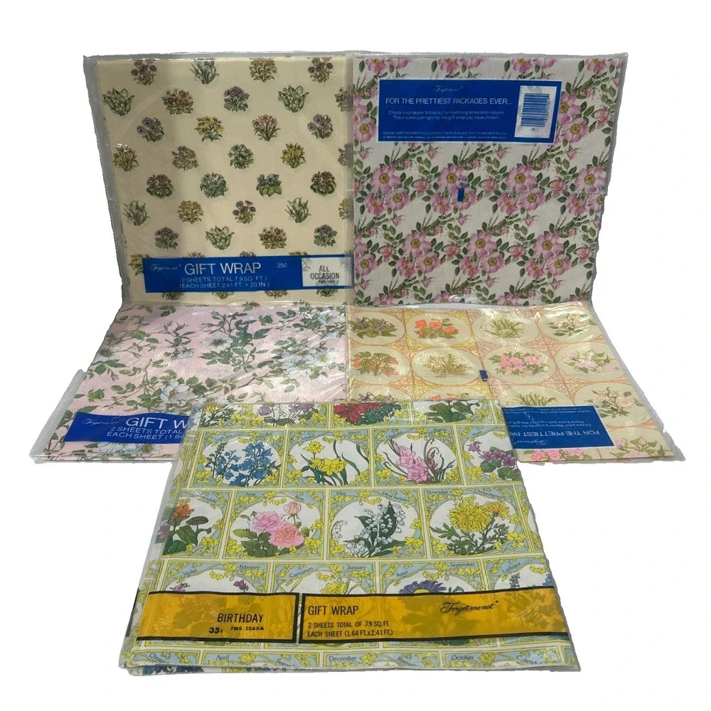 12 Packs of Vintage Gift Wrapping Paper Forget Me Not Botanical Cottagecore